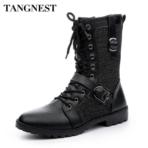 Tangnest Autumn Punk Martin Boots Men Fashion PU Leather Lace-up Motorcycle Boots Black Vintage High Top Buckle Shoes Man XMX516