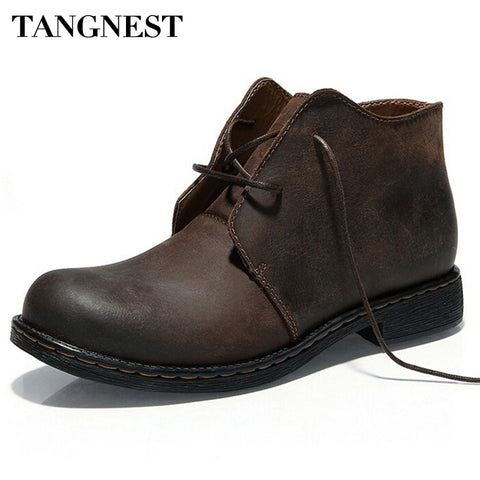 Tangnest Boots Men Autumn Winter Nubuck Leather Ankle Boots Fashion British Lace-up Cowboy Boots Casual Men Shoes  XMP355