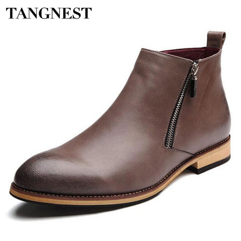 Tangnest Men Boots 2017 Fashion Pointed Toe Ankle Boots Winter Casual Men Genuine Leather Boots Man Flat Shoes Size 38-43 XMP368