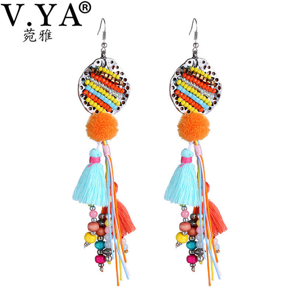 V.YA Women's Bohemia Tassel Hook Dangle Drop Earrings Colorful Boho Jewelry for Woman Lady Crystal  Earrings