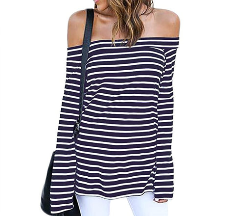 Women's Off Shoulder Belled Long Sleeves Striped Shirts Casual Juniors Top