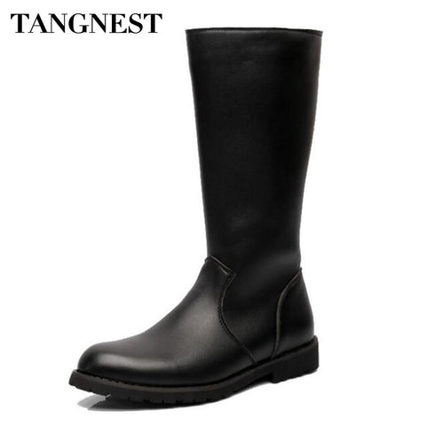 Tangnest NEW Autumn Men Motorcycle Boots Cow Split Leather Mid-Calf Boots For Male Pointed Toe High Top Shoes Size 37~45 XMX853