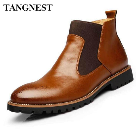 Tangnest Newest 2018 Men's Ankle Boots British Style Cow Split Leather Chelsea Boots Casual Rubber Shoes Man Size 38-44 XMX533