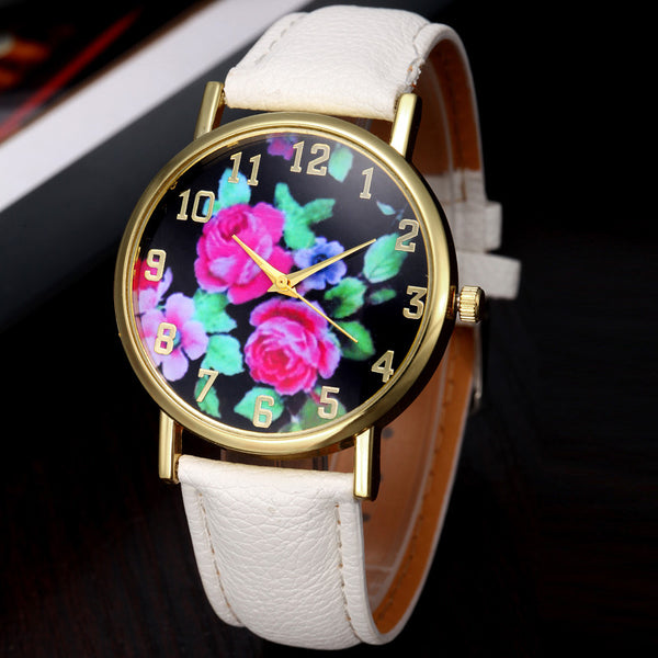 Vogue Women's Leather Rose Floral Printed Analog Quartz Wrist Watch
