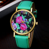 Vogue Women's Leather Rose Floral Printed Analog Quartz Wrist Watch