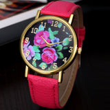 Vogue Women's Leather Rose Floral Printed Analog Quartz Wrist Watch