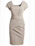 U Neck Pleated Cap Sleeve Office Lady Women's Sheath Dress