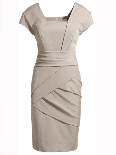U Neck Pleated Cap Sleeve Office Lady Women's Sheath Dress