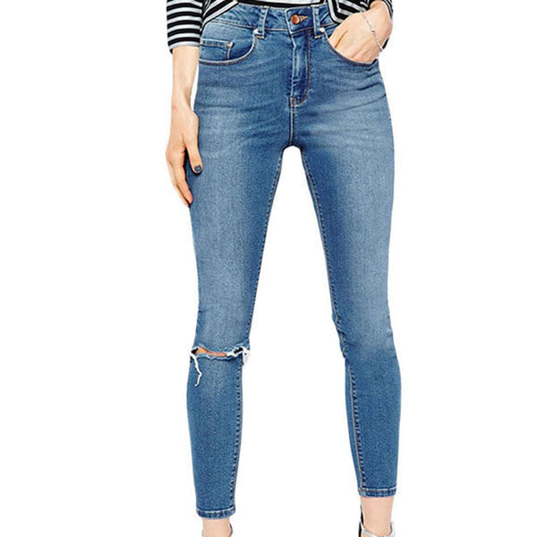 Womens Classic High Waist Slit Knee Tight-fitting Jeans Light