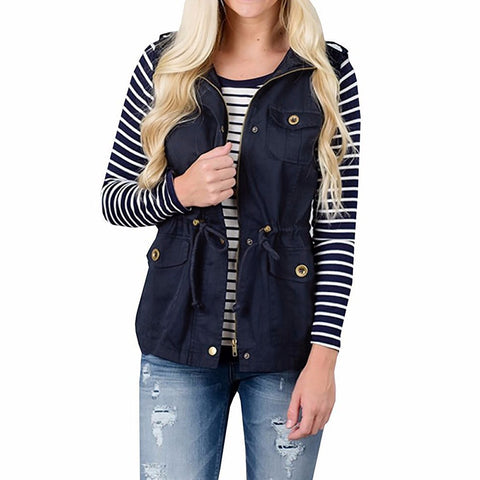 Women's Lightweight Sleeveless Stretchy Drawstring Jacket Vest with Zipper