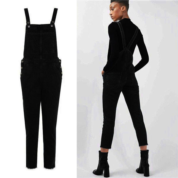 Women's Black Overall Pants Casual Jumpsuit Jeans Pockets Trousers