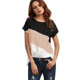 Women's Color Block Chiffon Short Sleeve Casual Blouse Shirts Tunic Tops