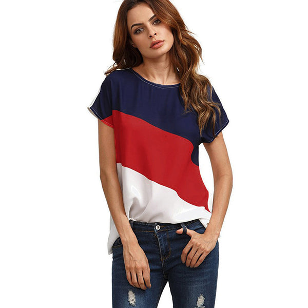 Women's Color Block Chiffon Short Sleeve Casual Blouse Shirts Tunic Tops